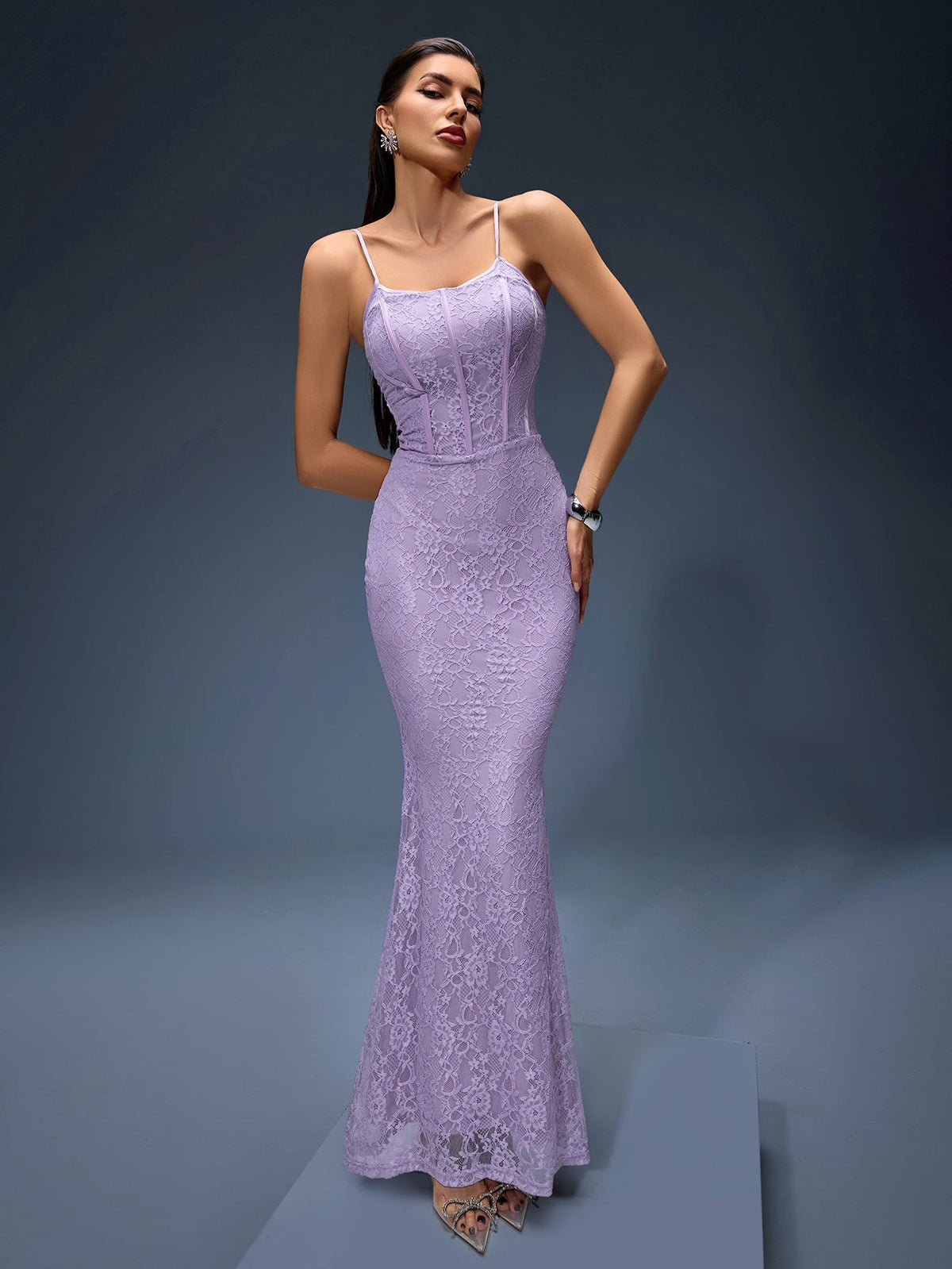 Claudette Montclair — Long Lace Orchid Lilac Dress with Elegant Corset, alternate view 3