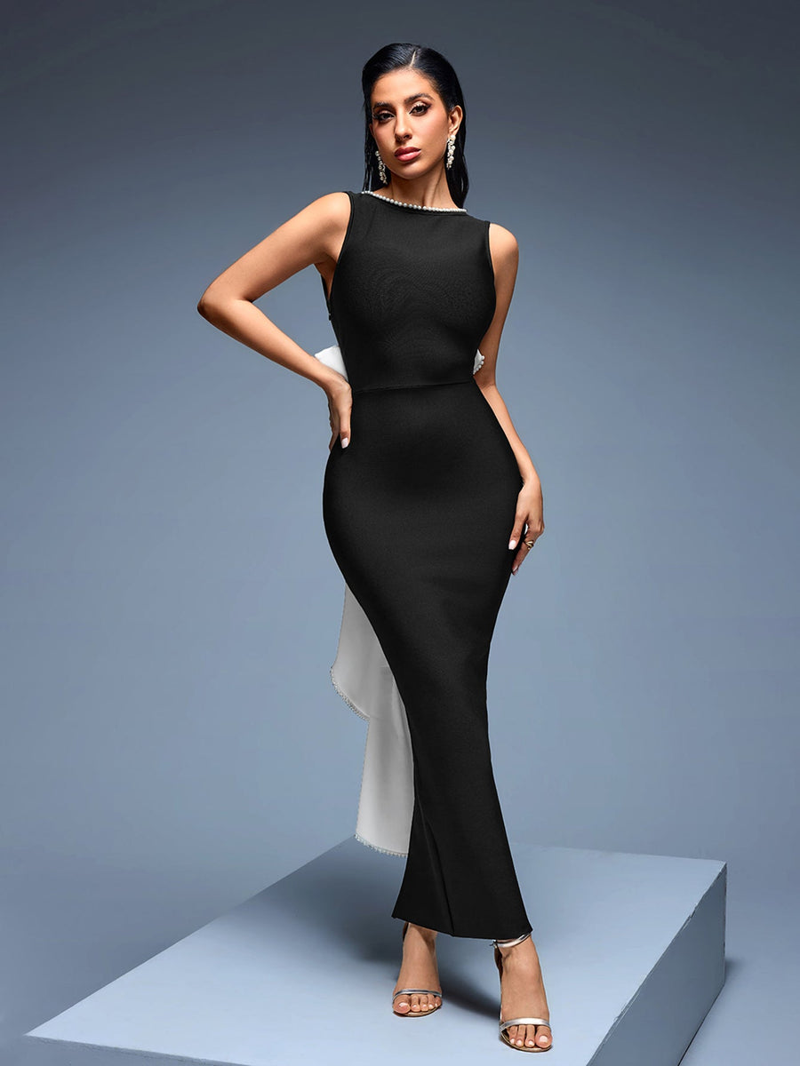 Elegant Maxi Dress with White Ribbon Bow and Tulle Bandeau