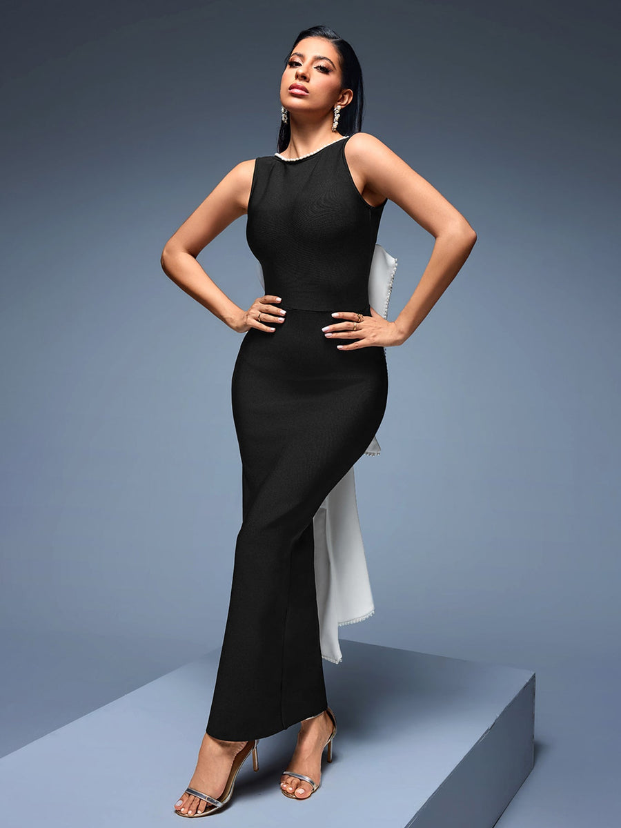 Elegant Maxi Dress with White Ribbon Bow and Tulle Bandeau