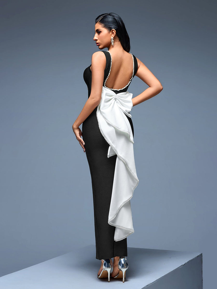 Elegant Maxi Dress with White Ribbon Bow and Tulle Bandeau