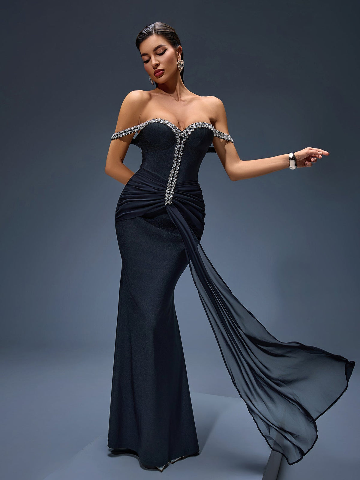 Wilhelmina Montclair — Asymmetric Tulle Maxi Dress with Off-Shoulder and Rhinestone Embellishments