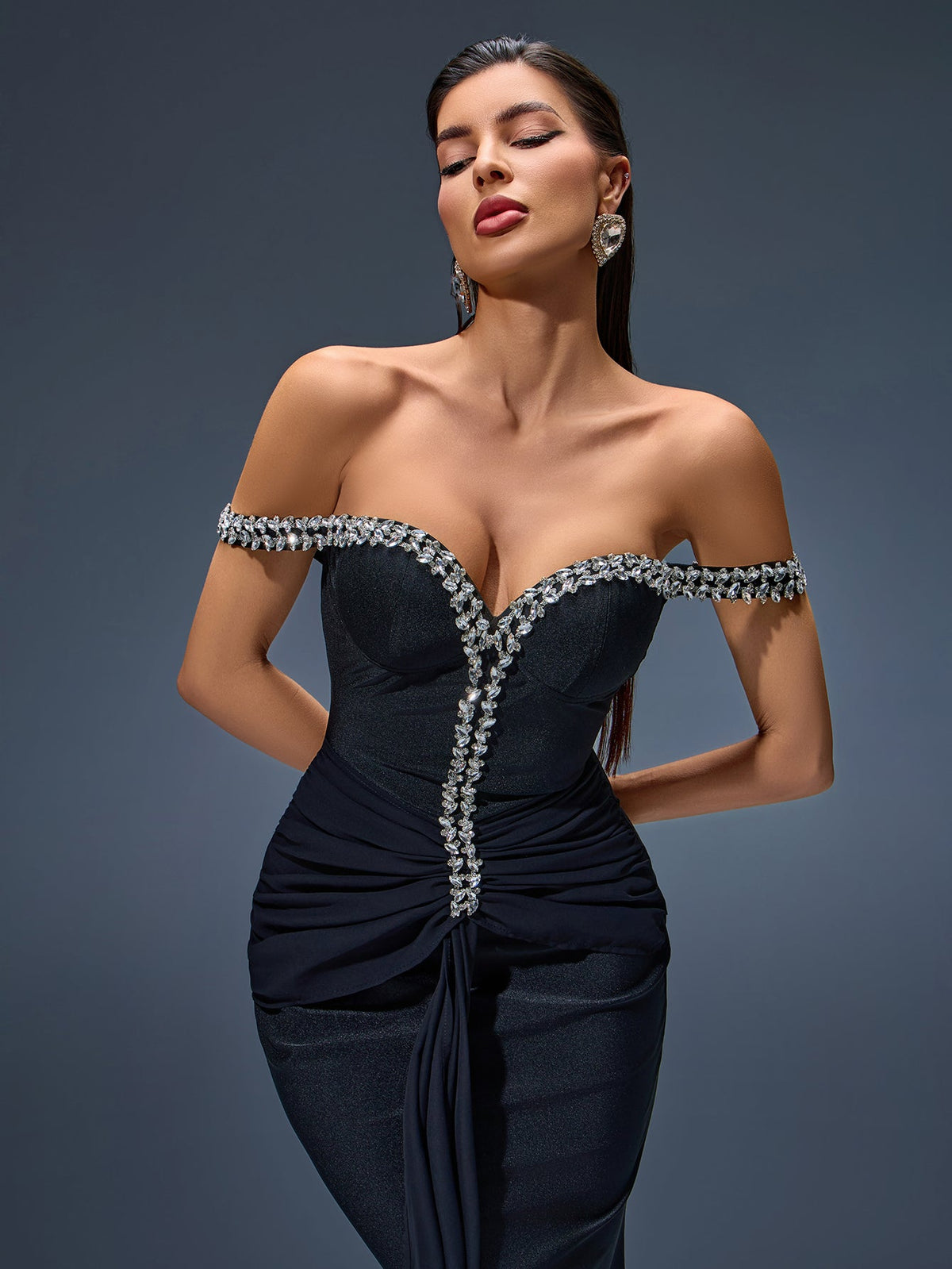 Wilhelmina Montclair — Asymmetric Tulle Maxi Dress with Off-Shoulder and Rhinestone Embellishments, alternate view 2