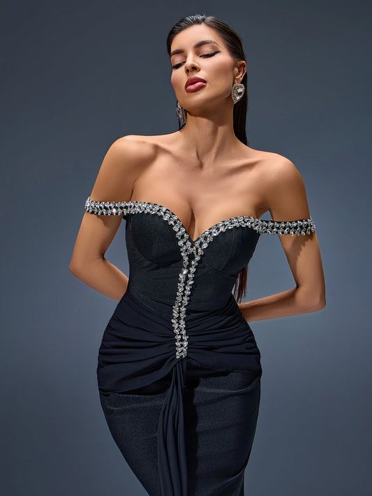 Asymmetric Tulle Maxi Dress with Off-Shoulder and Rhinestone Embellishments