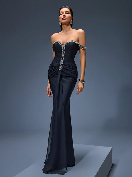 Asymmetric Tulle Maxi Dress with Off-Shoulder and Rhinestone Embellishments