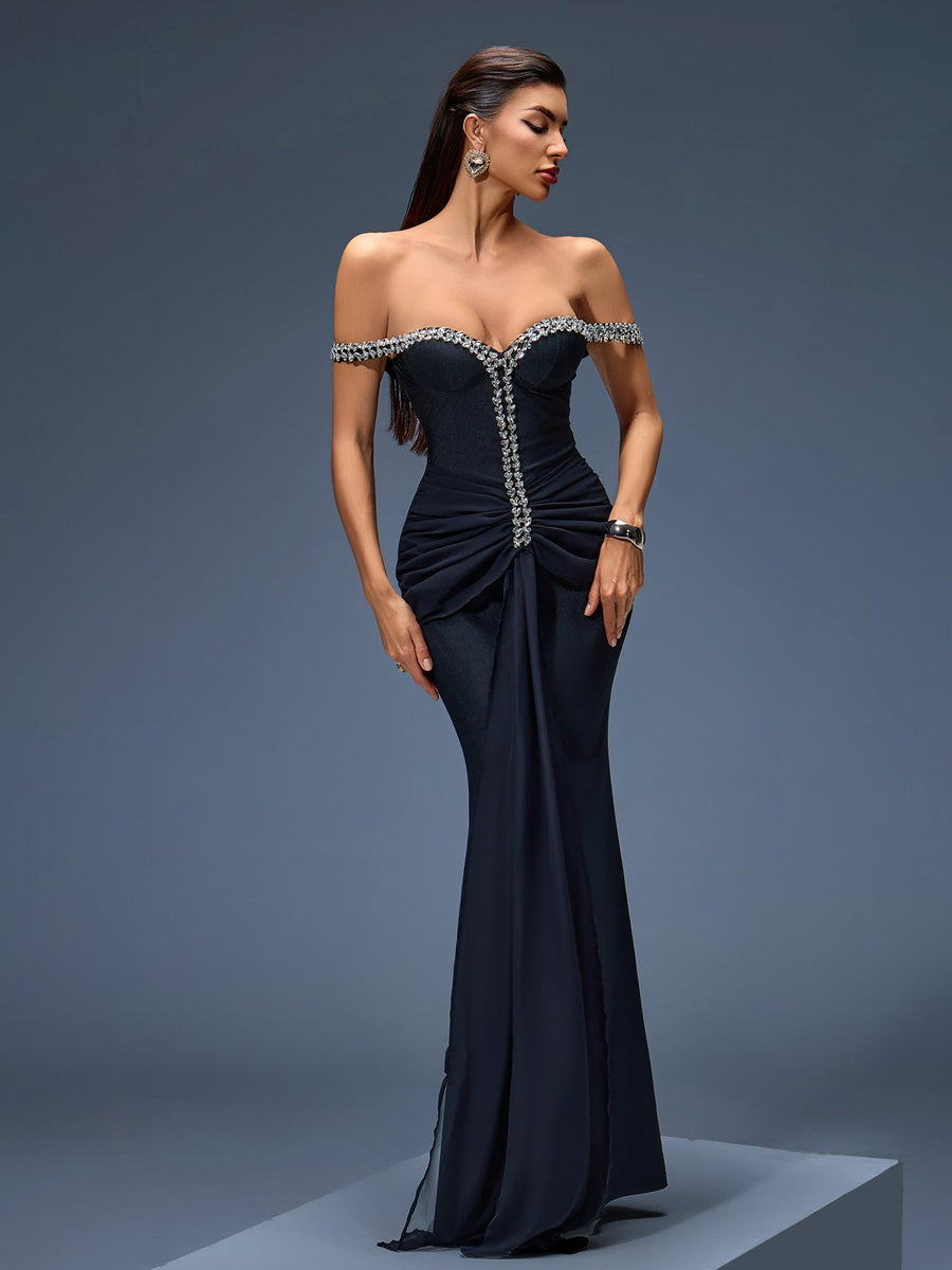 Asymmetric Tulle Maxi Dress with Off-Shoulder and Rhinestone Embellishments