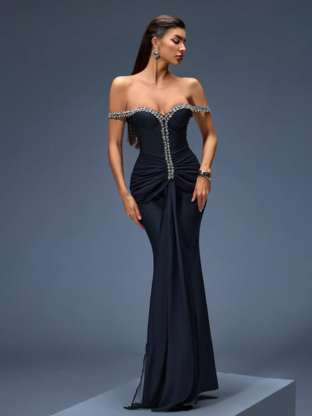 Asymmetric Tulle Maxi Dress with Off-Shoulder and Rhinestone Embellishments