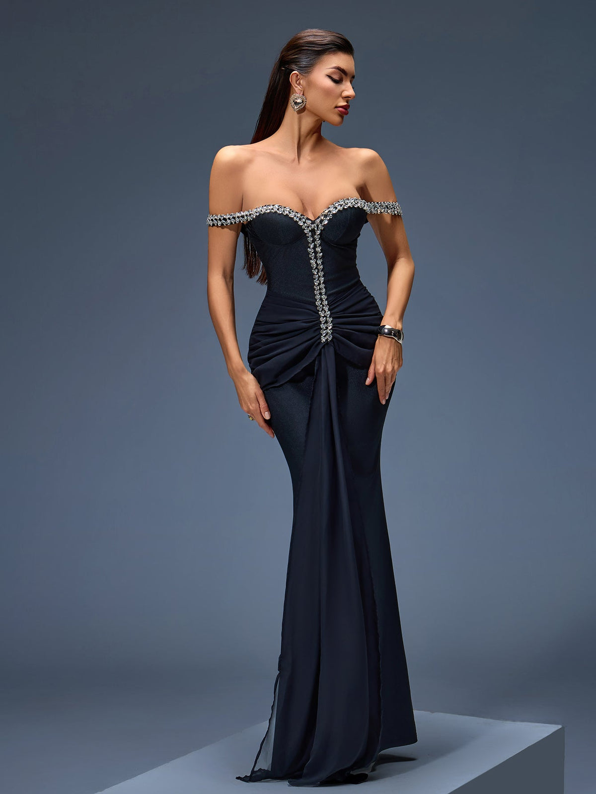 Wilhelmina Montclair — Asymmetric Tulle Maxi Dress with Off-Shoulder and Rhinestone Embellishments, alternate view 5