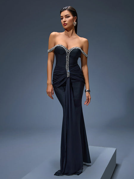 Asymmetric Tulle Maxi Dress with Off-Shoulder and Rhinestone Embellishments