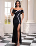 Elegant off-the-shoulder dress with a stylish thigh-high slit