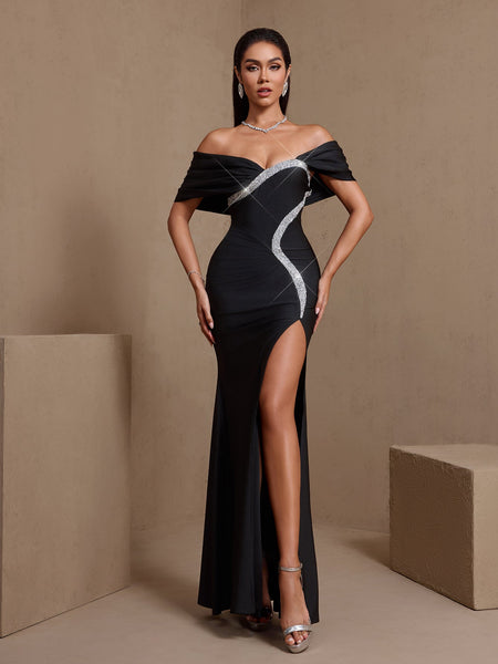 Off Shoulder Wrinkled High-Slit Maxi Dress