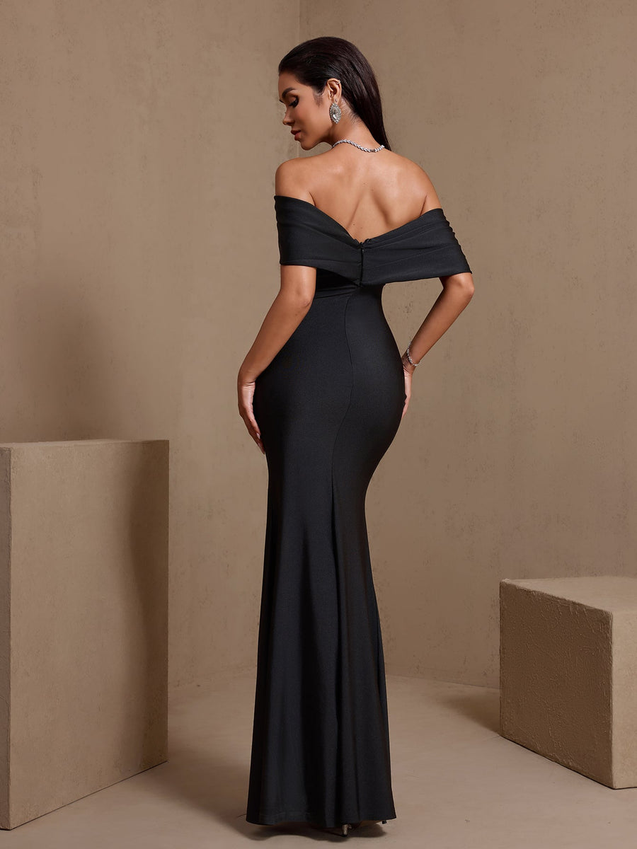 Off Shoulder Wrinkled High-Slit Maxi Dress