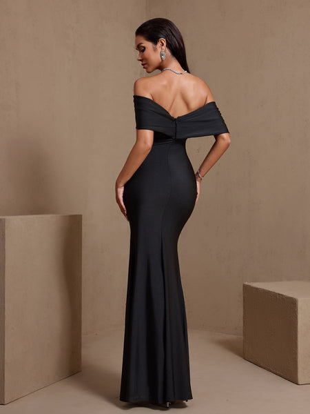 Off Shoulder Wrinkled High-Slit Maxi Dress