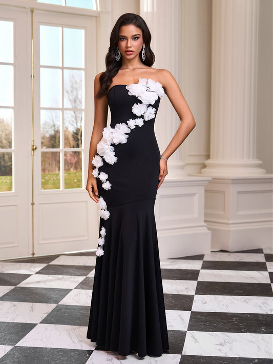 Long strapless dress with 3D flowers and a mermaid hemline