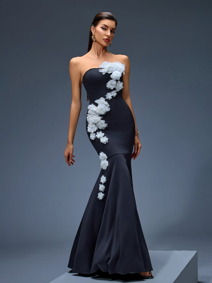 Elegant Strapless 3D Floral Mermaid Maxi Dress for a Stunning Look
