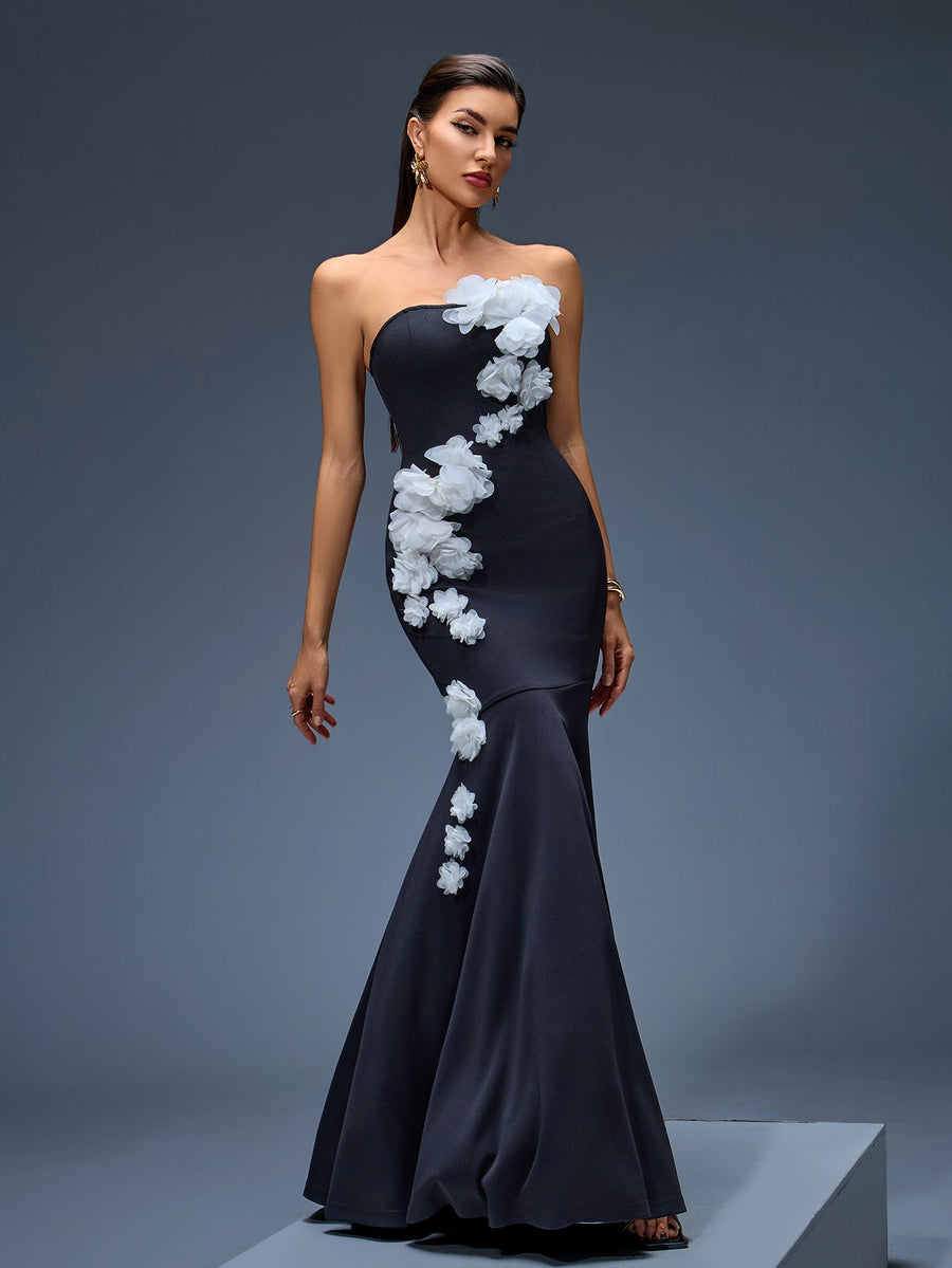 Nadine Montclair — Elegant Strapless 3D Floral Mermaid Maxi Dress