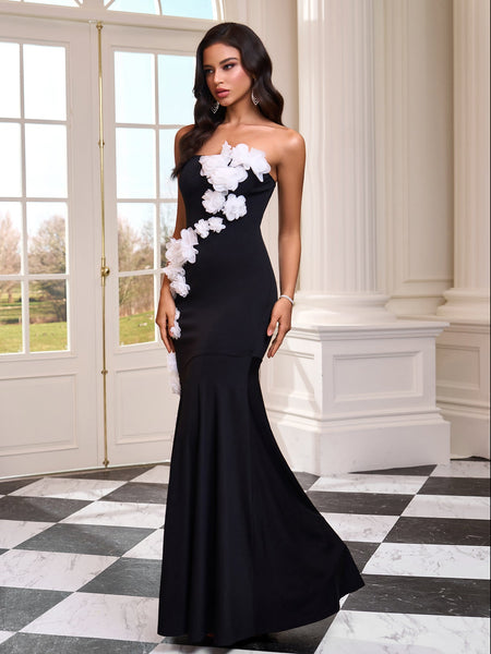 Long strapless dress with 3D flowers and a mermaid hemline
