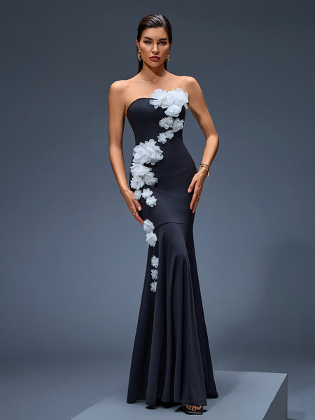 Elegant Strapless 3D Floral Mermaid Maxi Dress for a Stunning Look