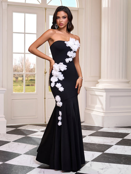 Long strapless dress with 3D flowers and a mermaid hemline