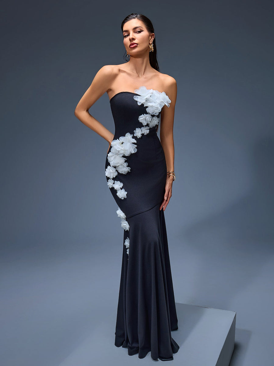 Elegant Strapless 3D Floral Mermaid Maxi Dress for a Stunning Look