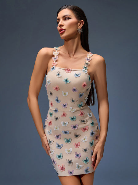 Dress with colorful butterfly embroidery and stretch bandage design
