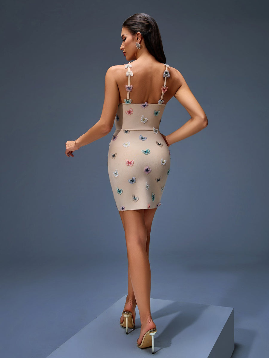 Dress with colorful butterfly embroidery and stretch bandage design