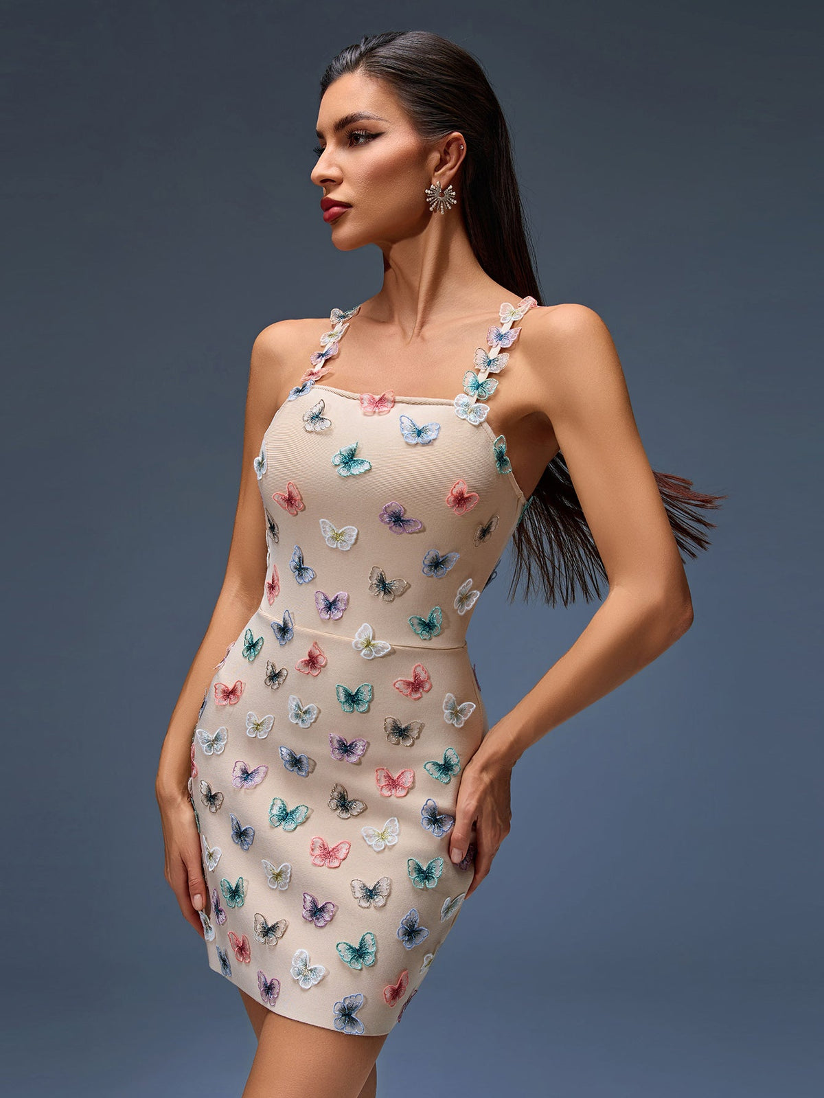 Priscilla Montclair — Dress with colorful butterfly embroidery and stretch bandage design, alternate view 2
