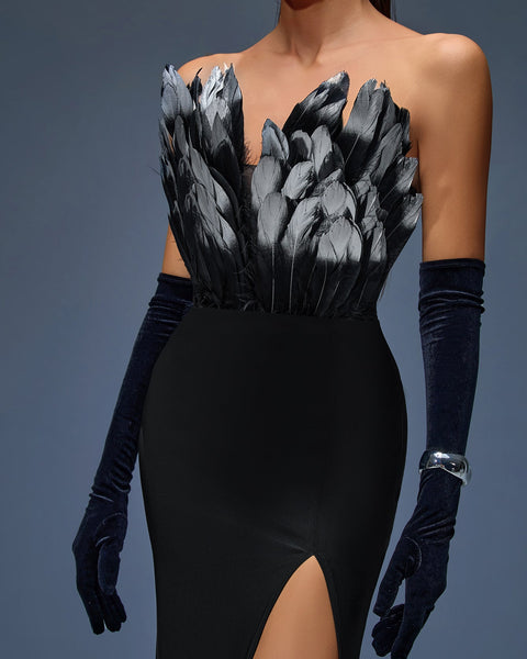 Elegant Strapless Feather Maxi Dress with High Slit for a Dazzling Look