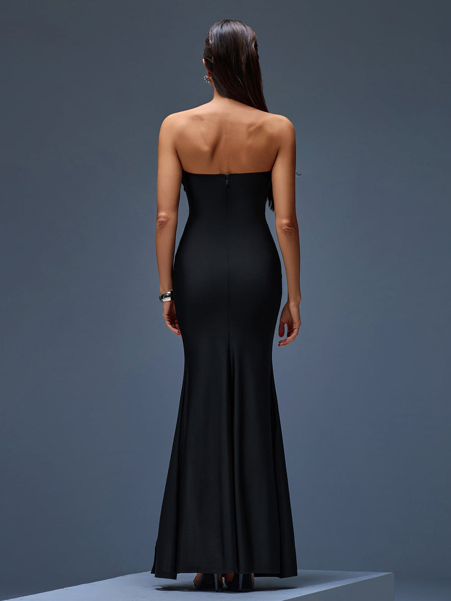 Elegant Strapless Feather Maxi Dress with High Slit for a Dazzling Look