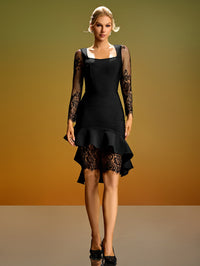 Theodora Fontaine — Asymmetric Lace Ruffled Midi Bandage Dress