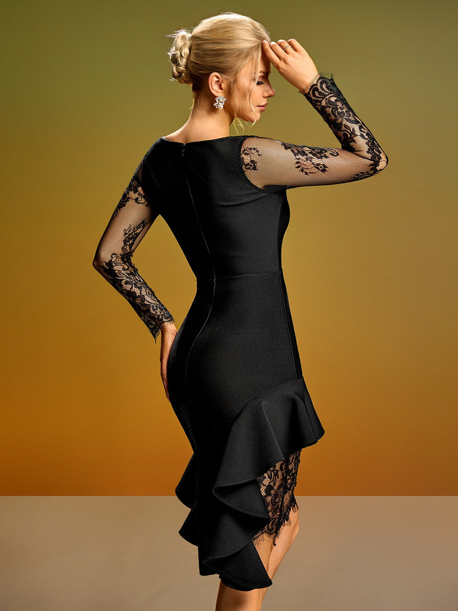 Asymmetric Lace Ruffled Midi Bandage Dress