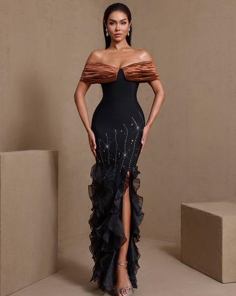 Rhinestone Rippled Edge Slit Bandage Dress