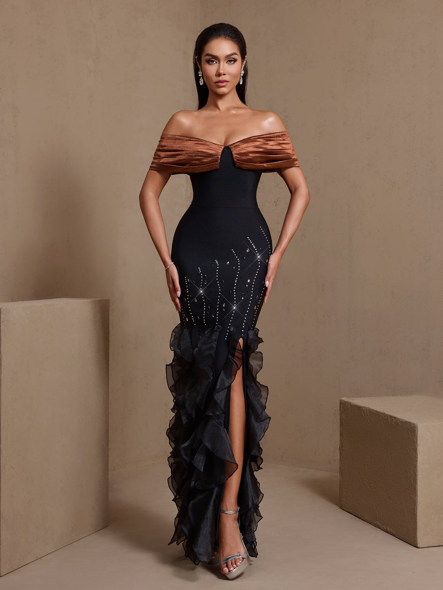 Seraphina Moreau — Rhinestone Rippled Edge Slit Bandage Dress