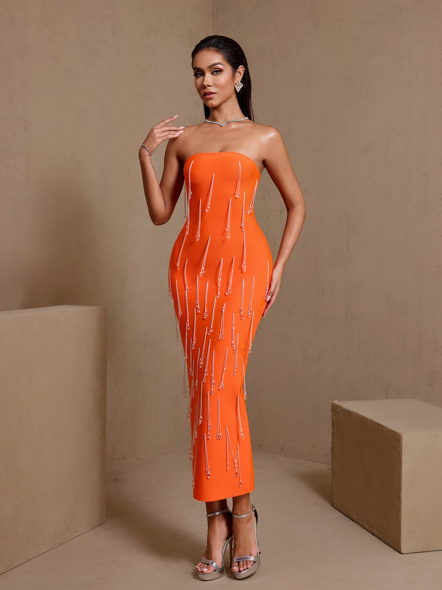 Strapless Crystal Beading Midi Bandage Dress