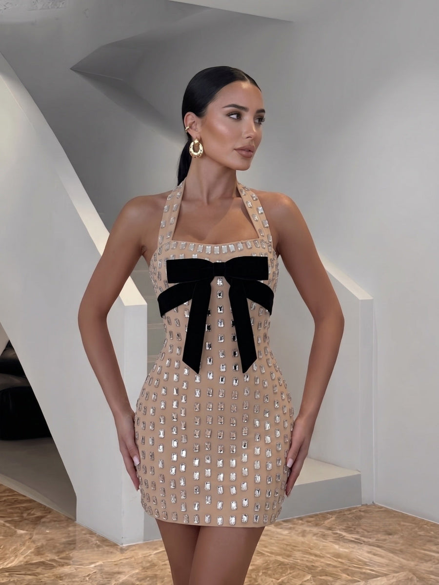 Sparkly Rhinestone Halter Bow Bandage Mini Dress