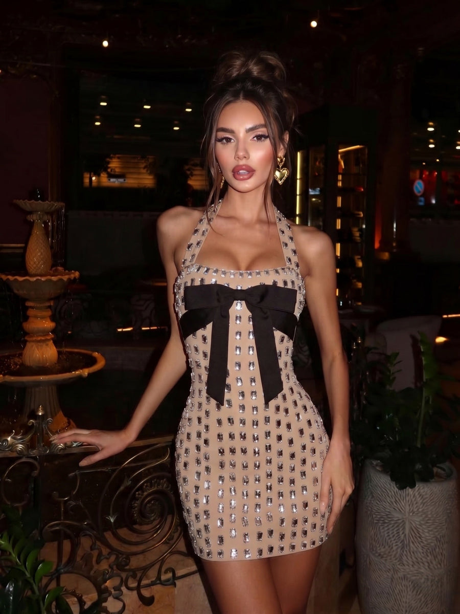 Sparkly Rhinestone Halter Bow Bandage Mini Dress