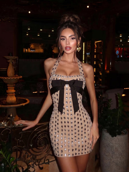 Sparkly Rhinestone Halter Bow Bandage Mini Dress