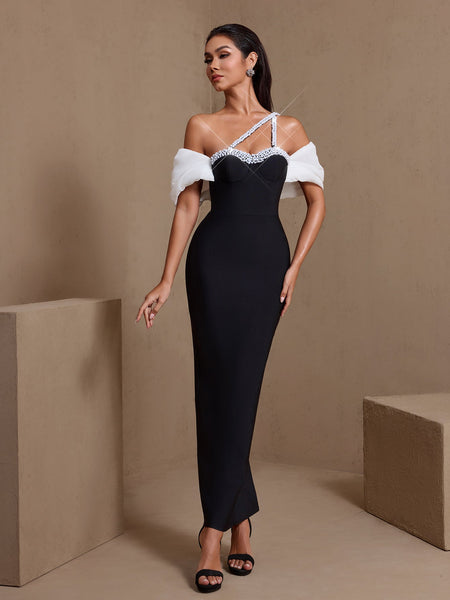 One Shoulder Pearl-Embellished Bandage Dress