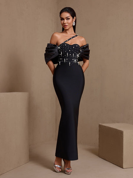 One Shoulder Pearl Embellished Bandage Dress