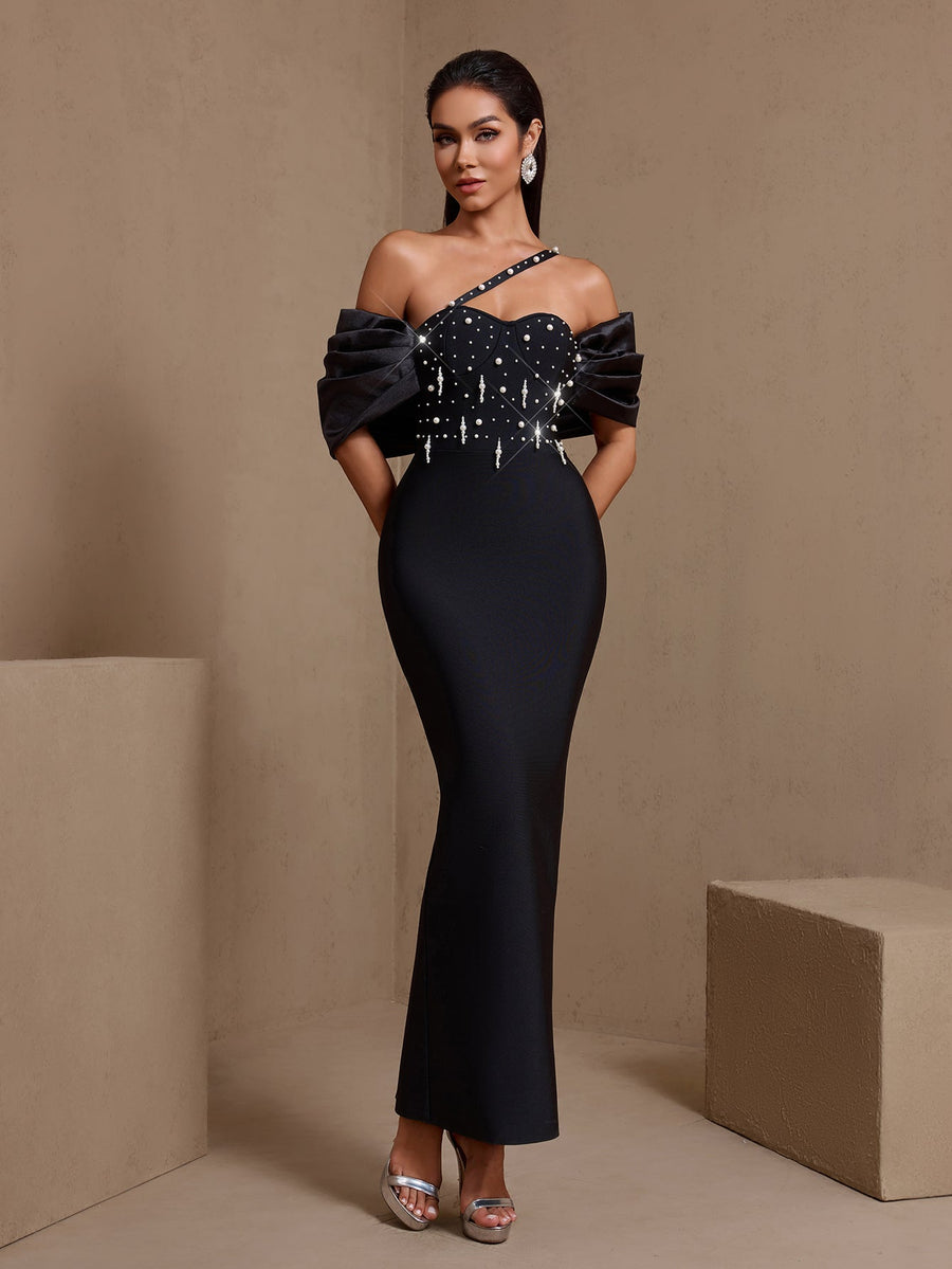 Klara Moreau — One Shoulder Pearl Embellished Bandage Dress