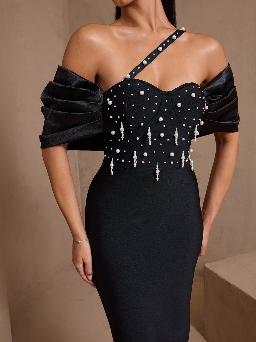 One Shoulder Pearl Embellished Bandage Dress