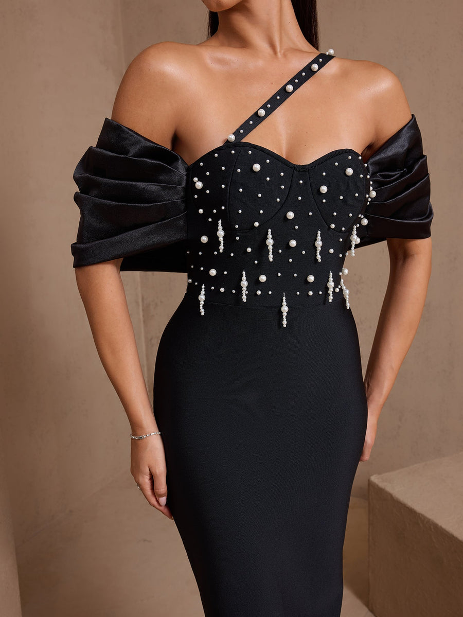 Klara Moreau — One Shoulder Pearl Embellished Bandage Dress, alternate view 2