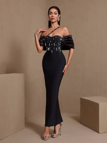 One Shoulder Pearl Embellished Bandage Dress