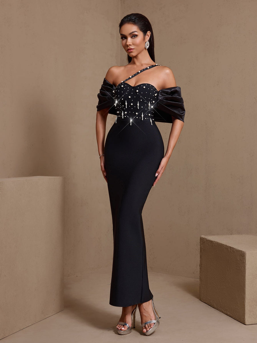One Shoulder Pearl Embellished Bandage Dress
