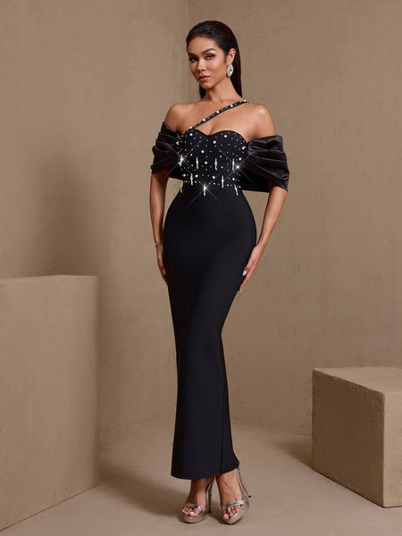 One Shoulder Pearl Embellished Bandage Dress
