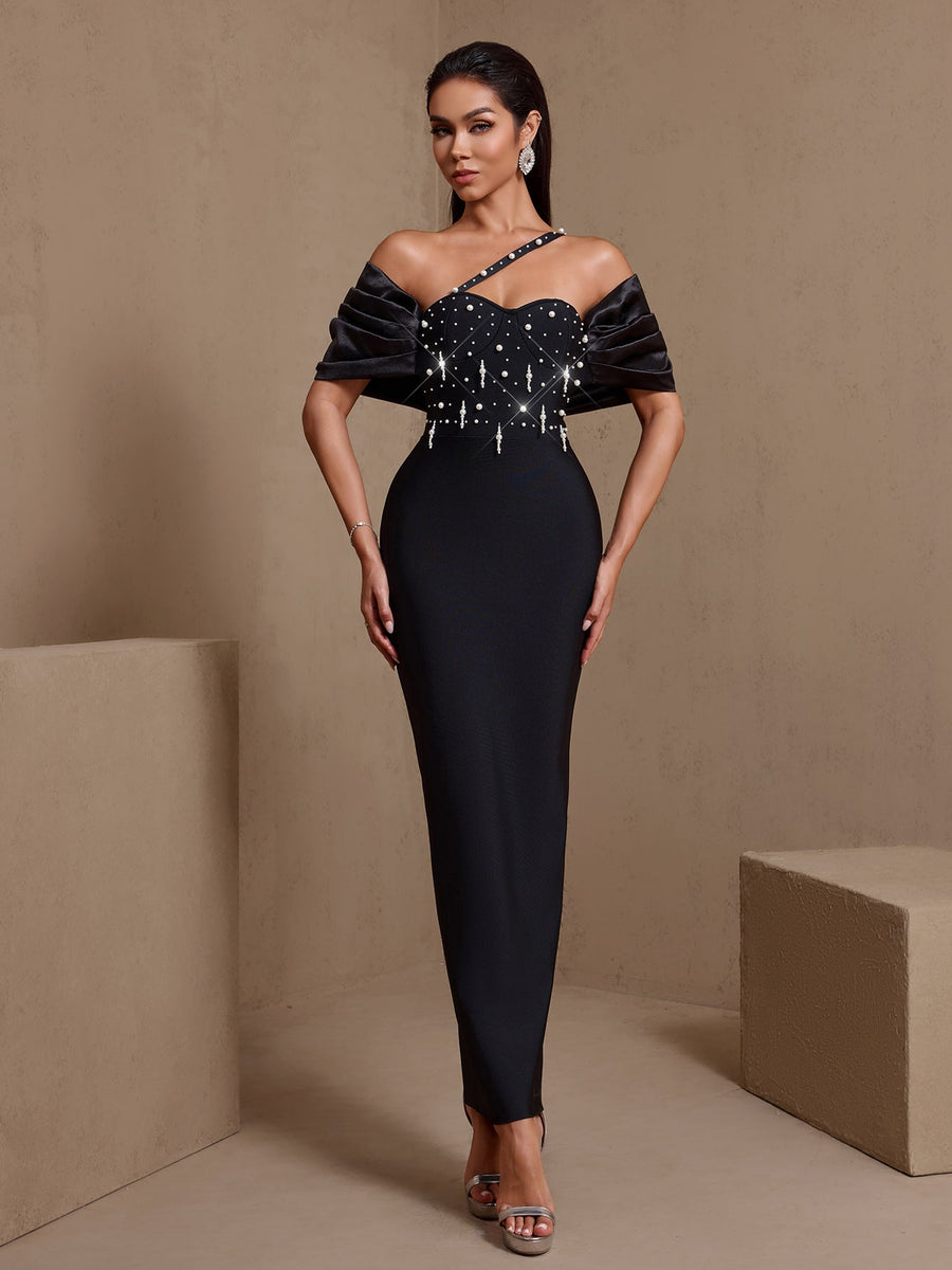 One Shoulder Pearl Embellished Bandage Dress