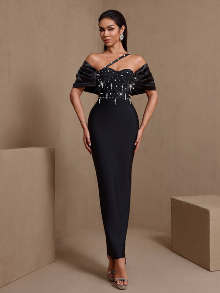 One Shoulder Pearl Embellished Bandage Dress