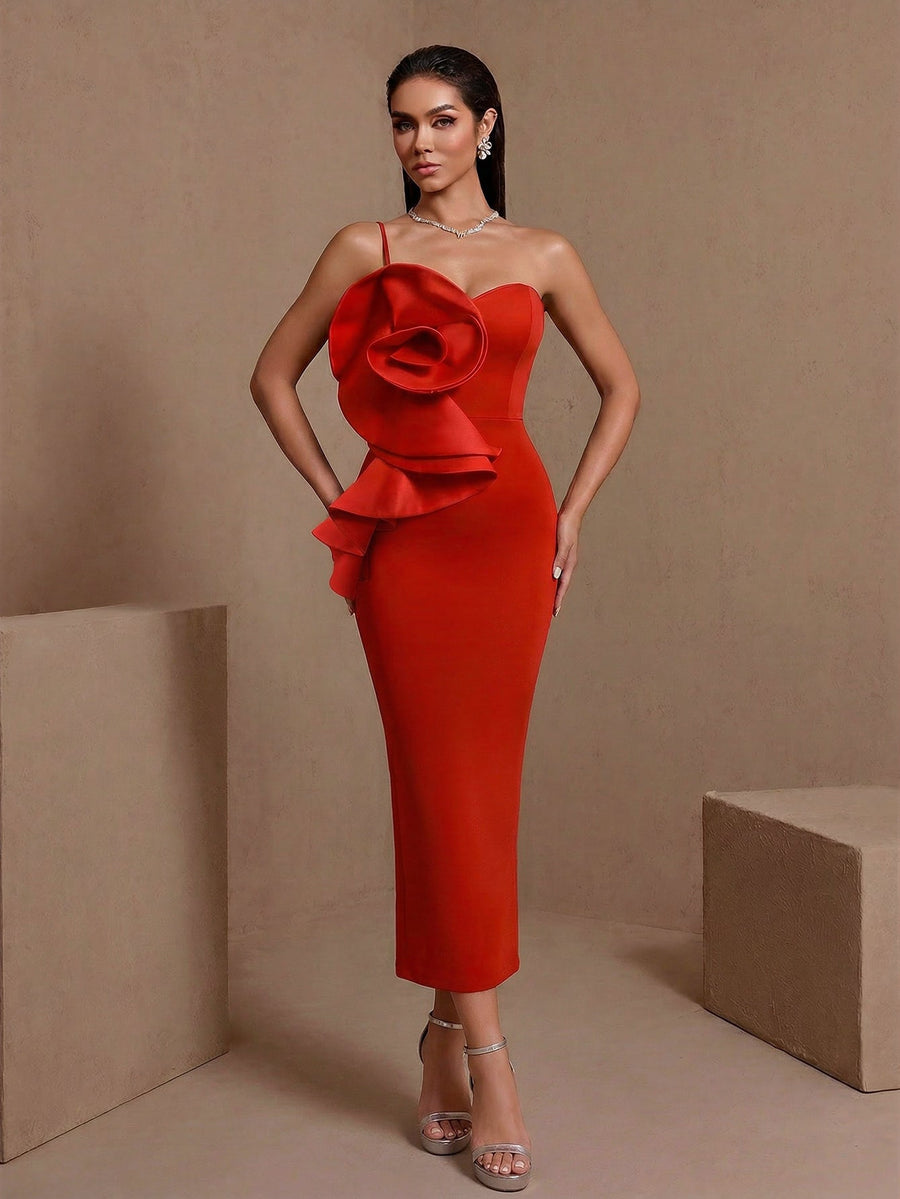 Nerissa Moreau — Pleated Huge-Flower Bandage Midi Dress