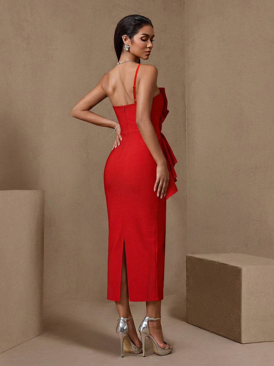 Plissiertes Midi-Kleid mit großer Blumenapplikation und Bandage-Details