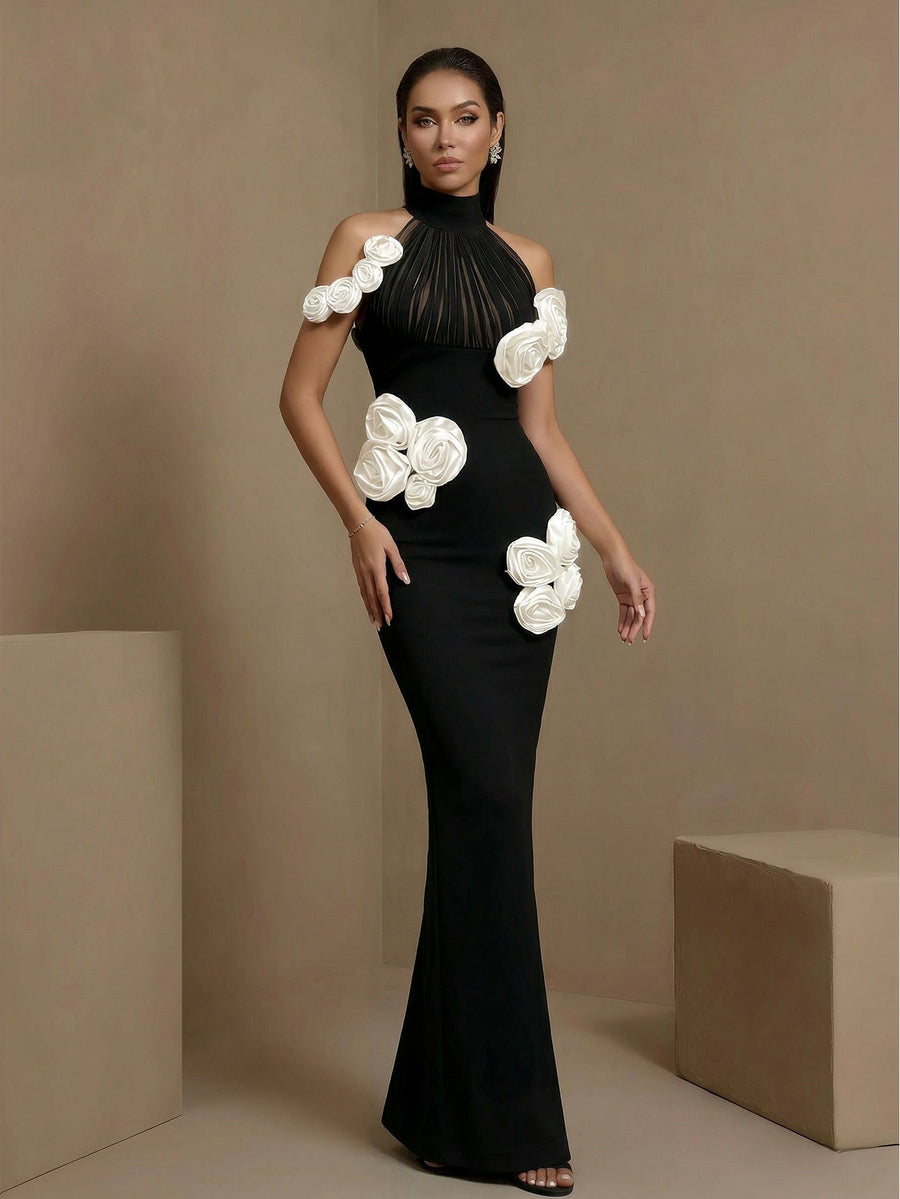 Sienna Moreau — Halter White-Flowers Bandage Maxi Dress