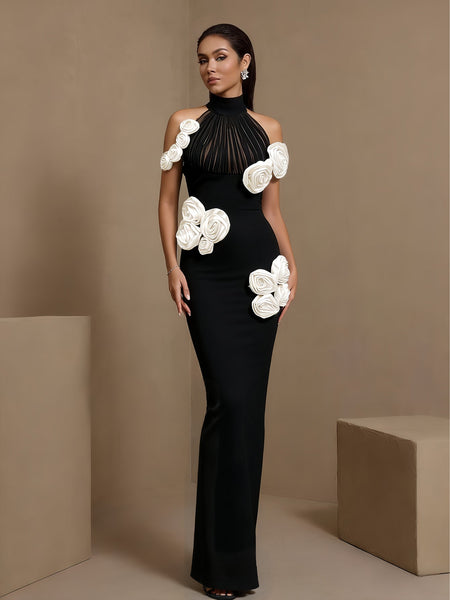 Halter Maxikleid mit weißen Blumen und Bandagen-Detail